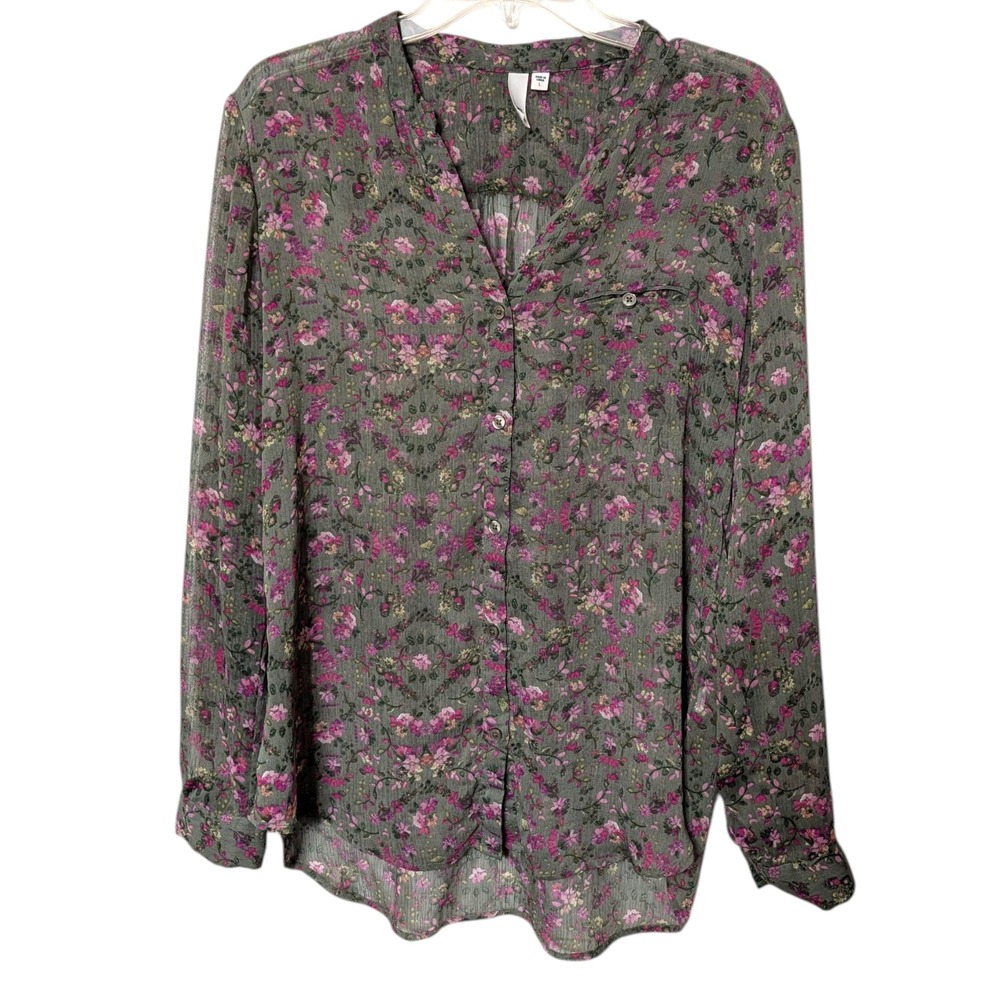 KUT from the Kloth Green Pink Floral Button Down Sheer Blouse Roll Tab Sleeve L
